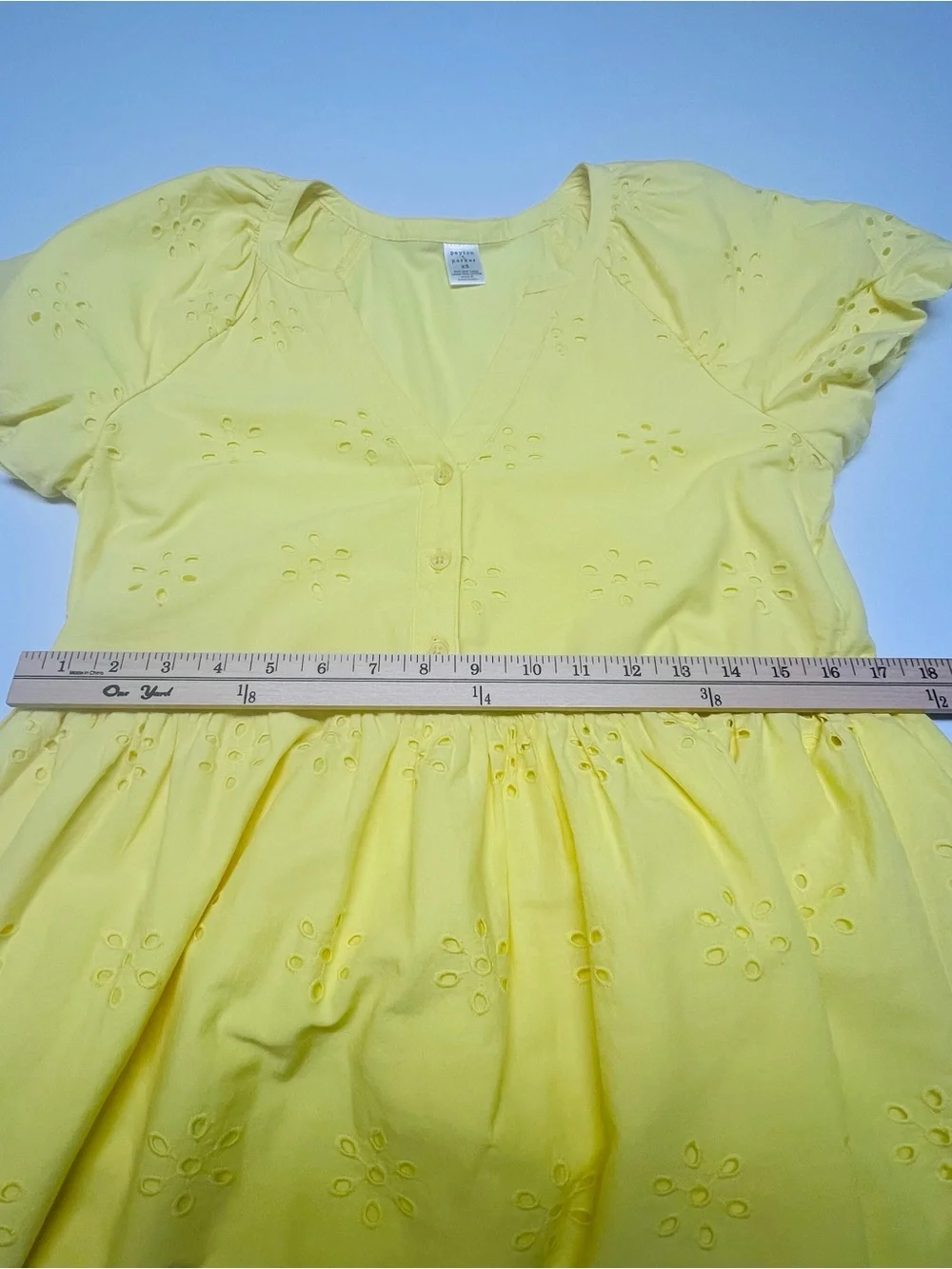 PEYTON‎ & PARKER Yellow Eyelet Mini Dress XS Puffed Sleeve Cotton Babydoll Dress
